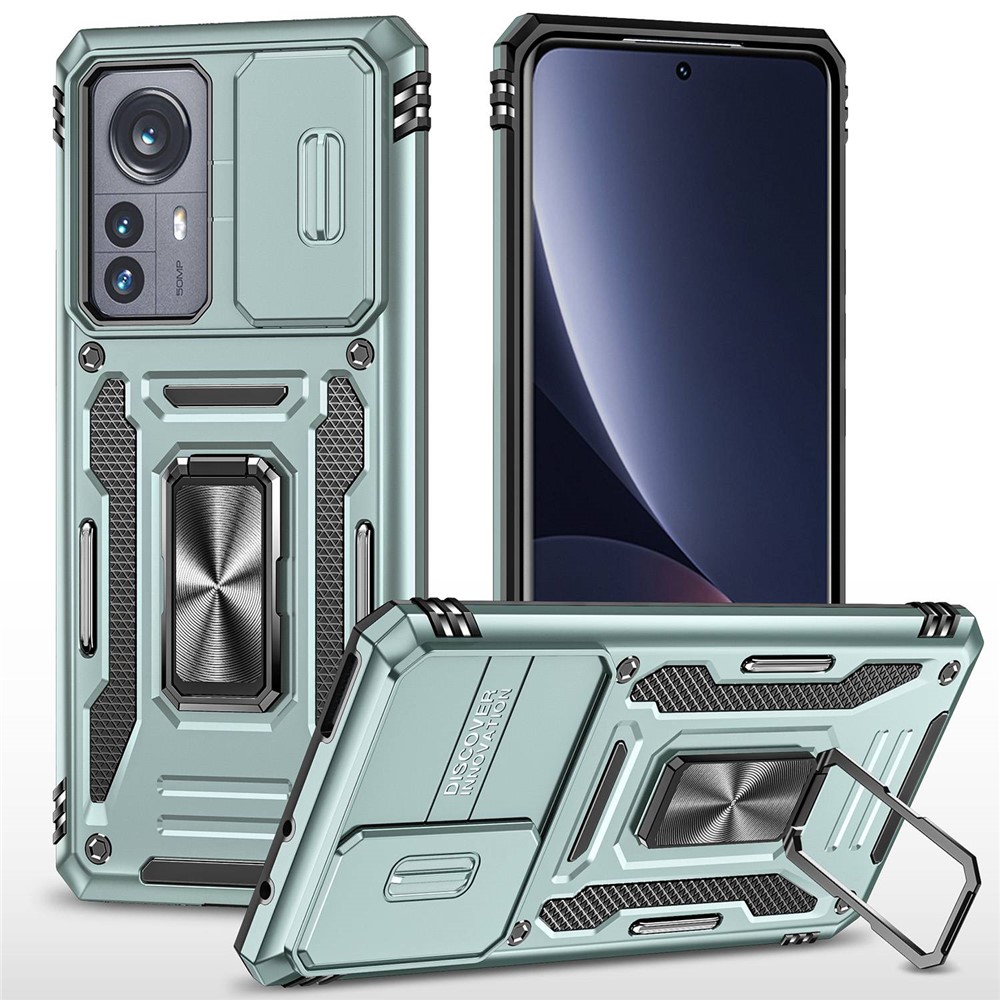 For Xiaomi 12 Pro 5G / 12 Pro (Dimensity) 5G / 12S Pro 5G Raise Bezel Design Phone Case PC + TPU Ring Kickstand Cell Phone Shell with Slide Camera Cover - Alpine Green-1