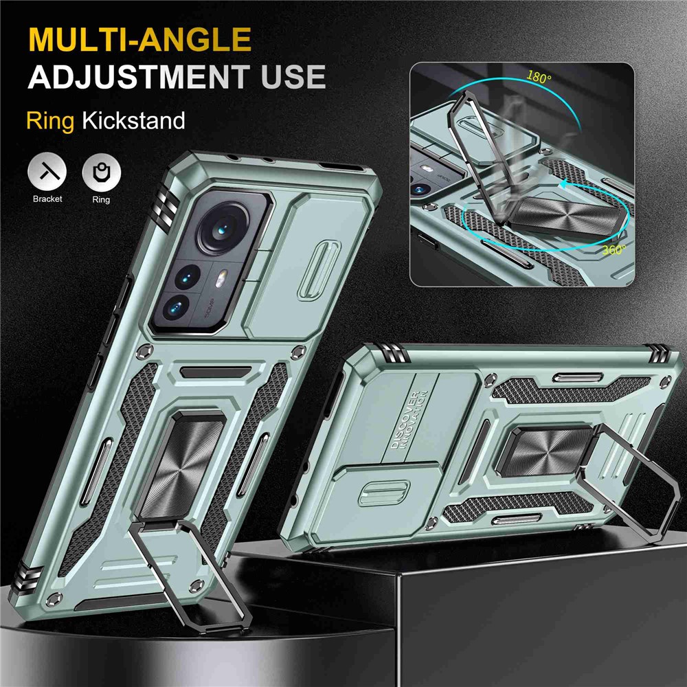 For Xiaomi 12 Pro 5G / 12 Pro (Dimensity) 5G / 12S Pro 5G Raise Bezel Design Phone Case PC + TPU Ring Kickstand Cell Phone Shell with Slide Camera Cover - Alpine Green-4