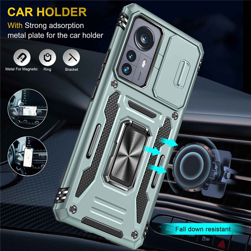 For Xiaomi 12 Pro 5G / 12 Pro (Dimensity) 5G / 12S Pro 5G Raise Bezel Design Phone Case PC + TPU Ring Kickstand Cell Phone Shell with Slide Camera Cover - Alpine Green-6