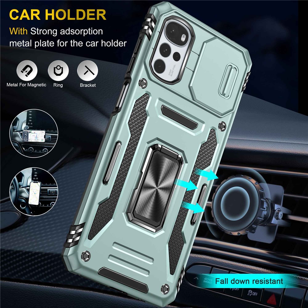 For Motorola Moto G22 Cell Phone Protector Lightweight PC + TPU Phone Case with Ring Kickstand + Slide Camera Cover - Alpine Green-6