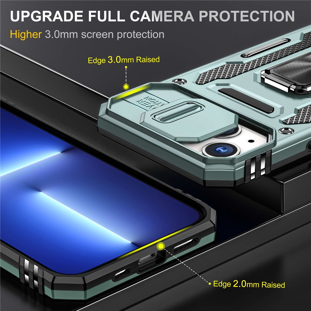 Shockproof Phone Case for iPhone 14 Max 6.7 inch, PC + TPU Ring Kickstand Cell Phone Shell with Slide Camera Protector - Alpine Green-3