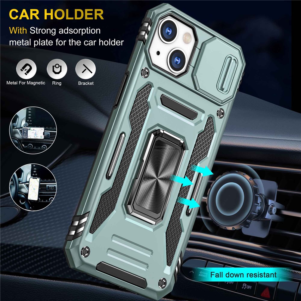 Shockproof Phone Case for iPhone 14 Max 6.7 inch, PC + TPU Ring Kickstand Cell Phone Shell with Slide Camera Protector - Alpine Green-6