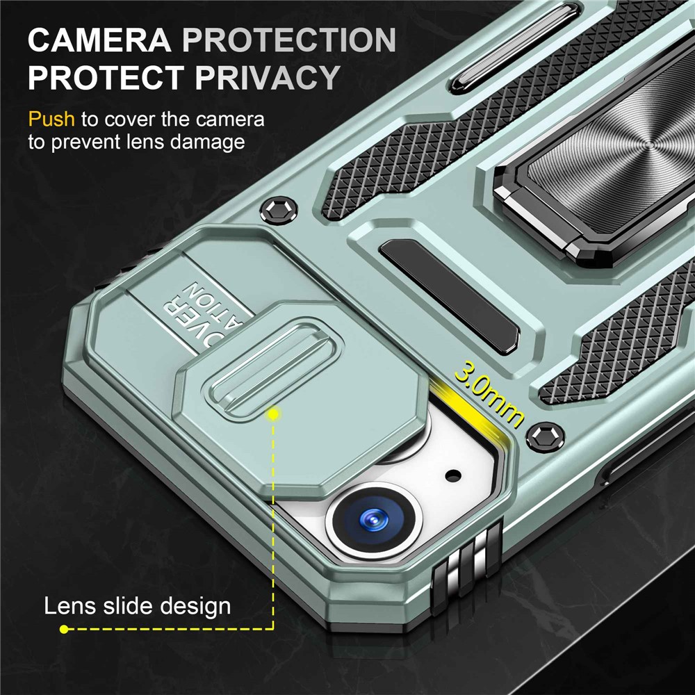 For iPhone 14 6.1 inch Ring Kickstand Cell Phone Protector Slide Camera Cover Anti-fingerprint PC + TPU Phone Case - Alpine Green-5