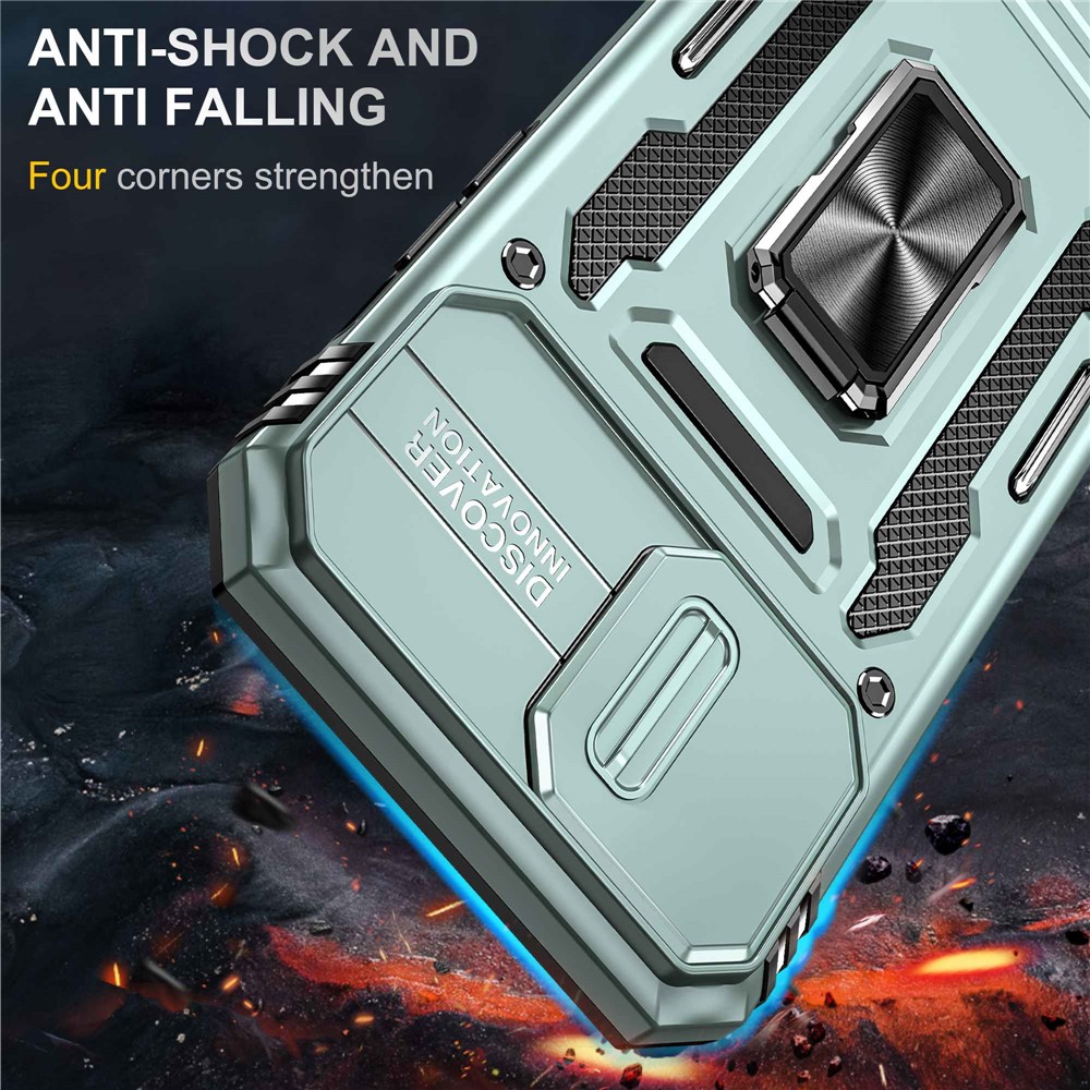 Anti-fingerprint Phone Back Cover for iPhone 13 Pro Max 6.7 inch, PC + TPU Ring Kickstand Slide Camera Cover Cell Phone Shell - Alpine Green-2