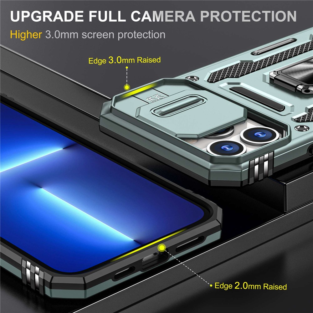Anti-fingerprint Phone Back Cover for iPhone 13 Pro Max 6.7 inch, PC + TPU Ring Kickstand Slide Camera Cover Cell Phone Shell - Alpine Green-3
