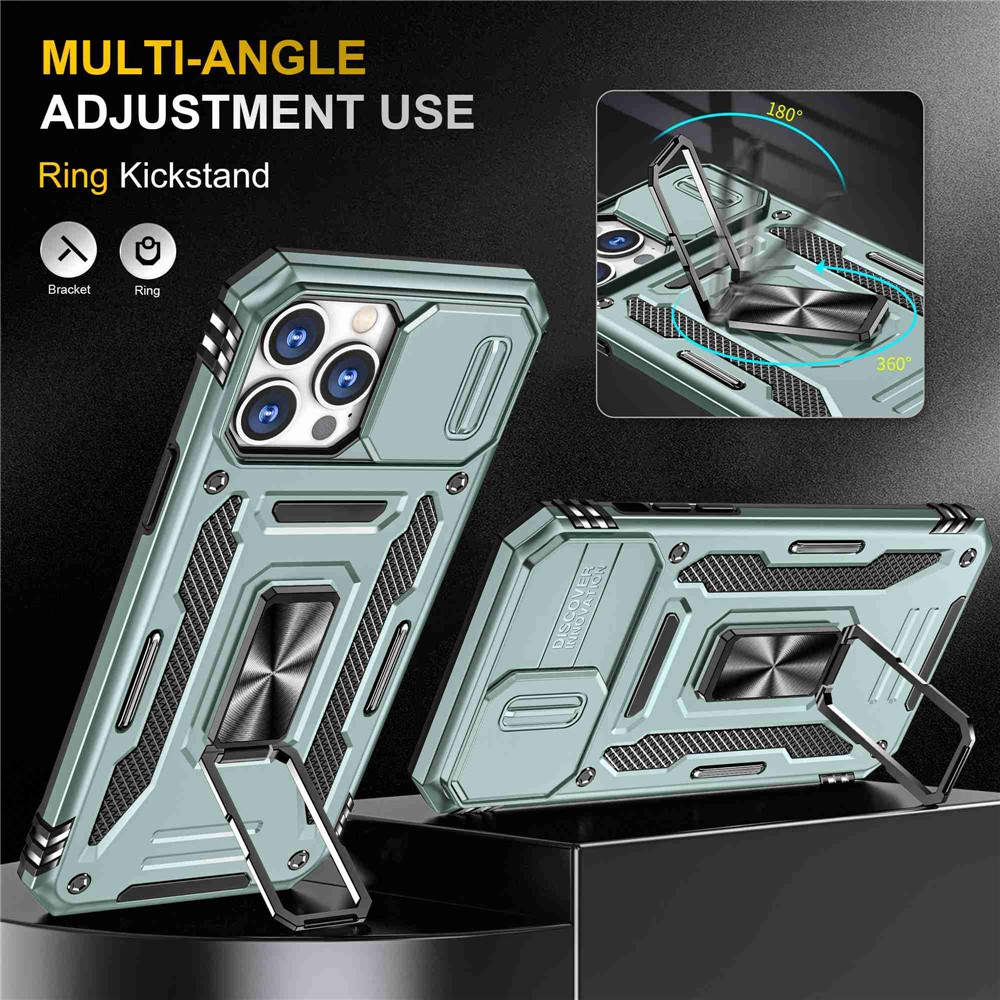 Anti-fingerprint Phone Back Cover for iPhone 13 Pro Max 6.7 inch, PC + TPU Ring Kickstand Slide Camera Cover Cell Phone Shell - Alpine Green-4