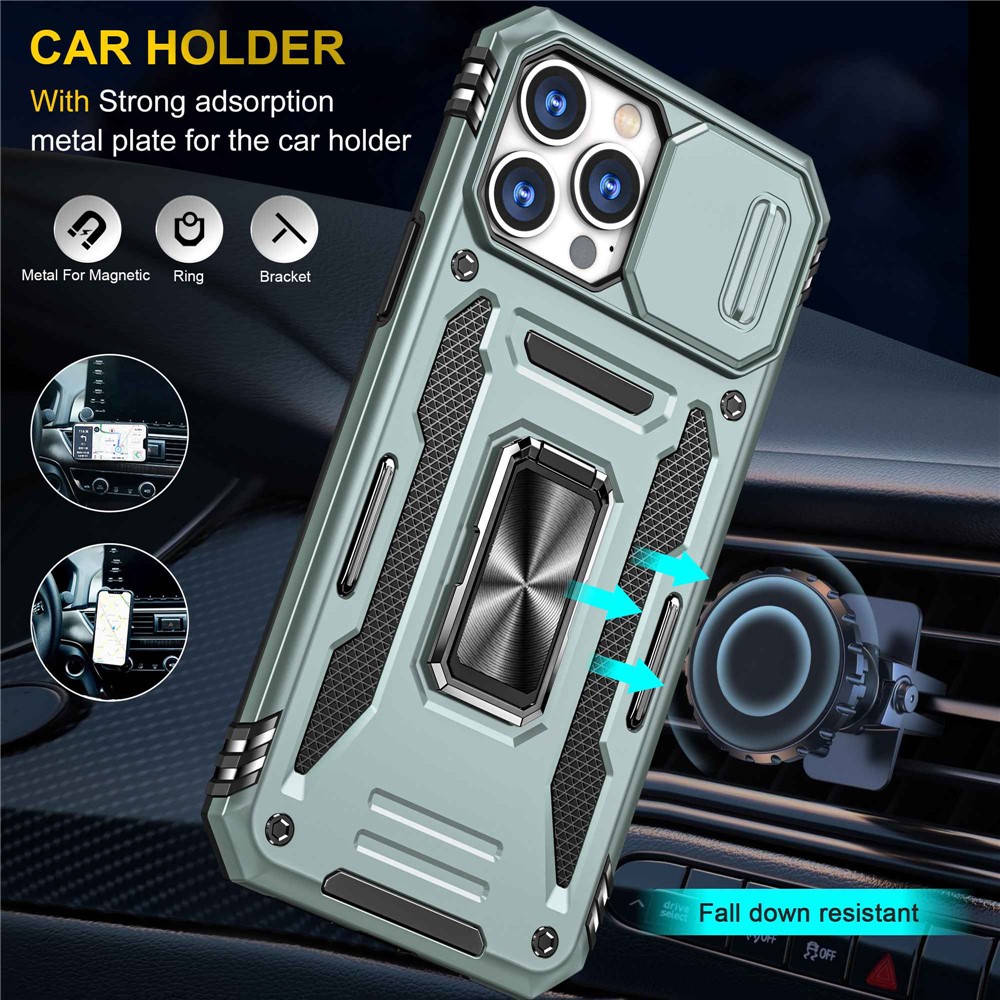 Anti-fingerprint Phone Back Cover for iPhone 13 Pro Max 6.7 inch, PC + TPU Ring Kickstand Slide Camera Cover Cell Phone Shell - Alpine Green-6
