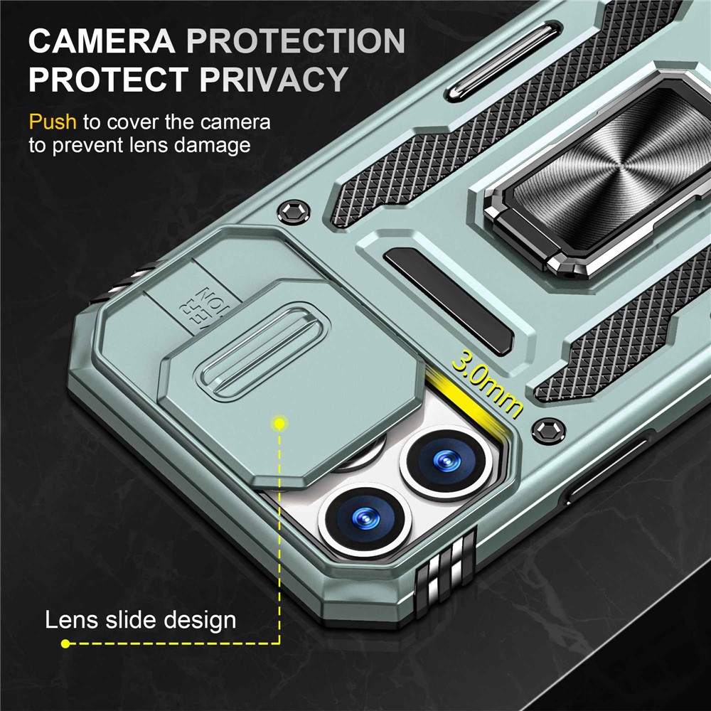 For iPhone 13 Pro 6.1 inch Slide Camera Cover Anti-fingerprint Phone Case PC + TPU Ring Kickstand Cell Phone Shell - Alpine Green-5