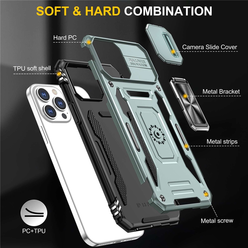 For iPhone 13 Pro 6.1 inch Slide Camera Cover Anti-fingerprint Phone Case PC + TPU Ring Kickstand Cell Phone Shell - Alpine Green-7