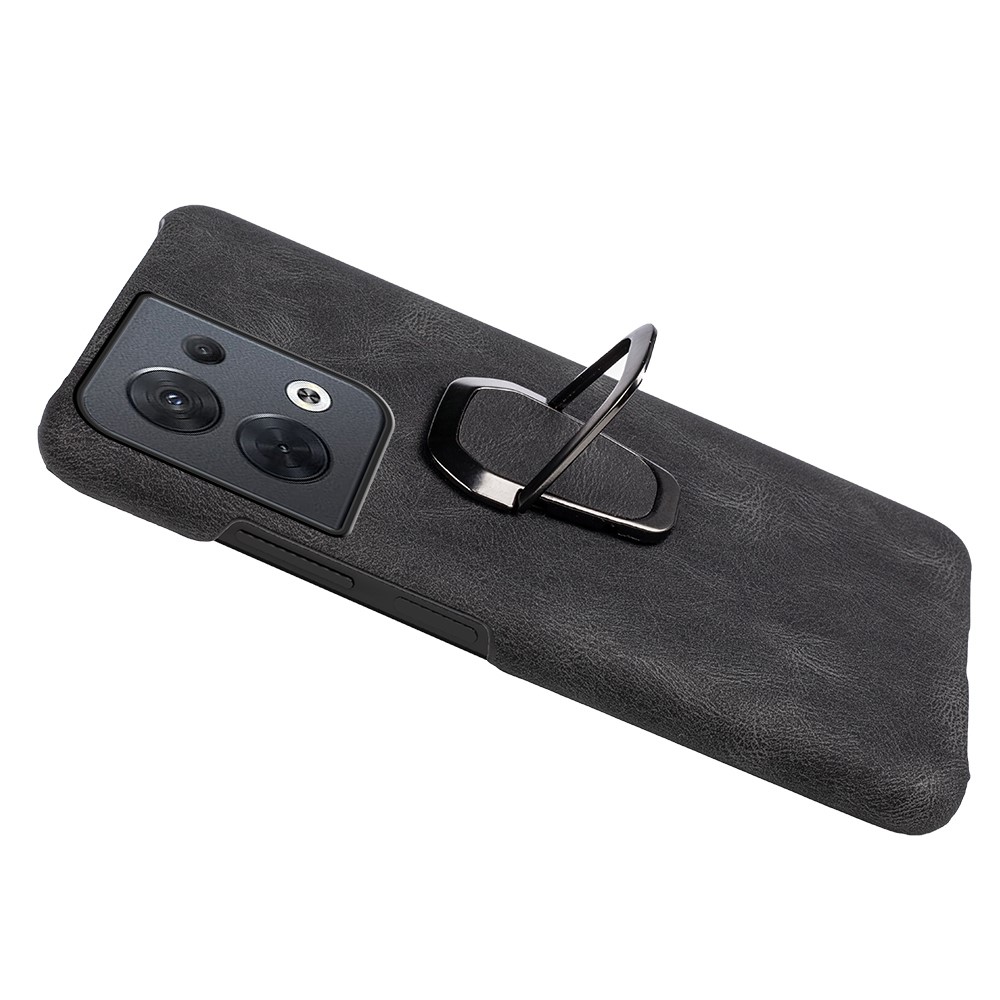 For Oppo Reno8 5G (Global Version) Ring Holder Kickstand Phone Case PU Leather Coated PC Back Cover Protector - Black-3