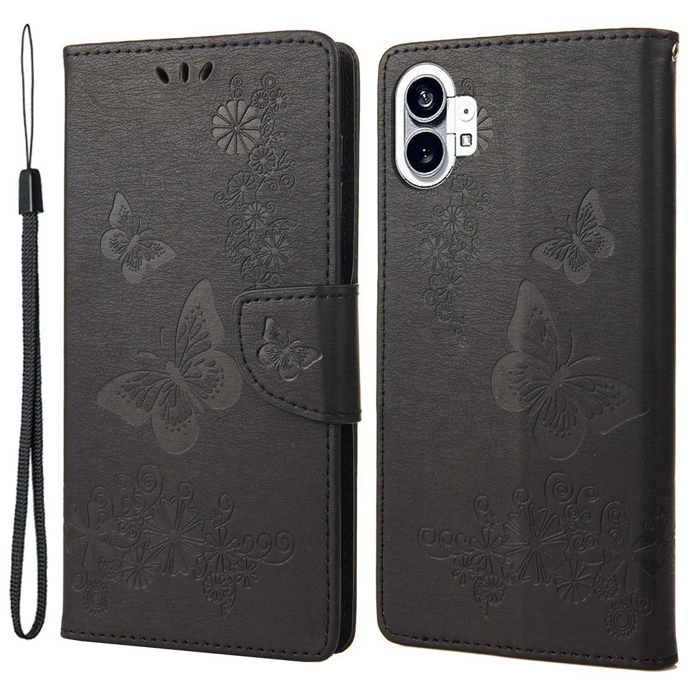 For Nothing phone (1) 5G PU Leather Butterflies Flower Pattern Imprinting Phone Cover Stand Function Wallet Flip Magnetic Case with Strap - Black-1