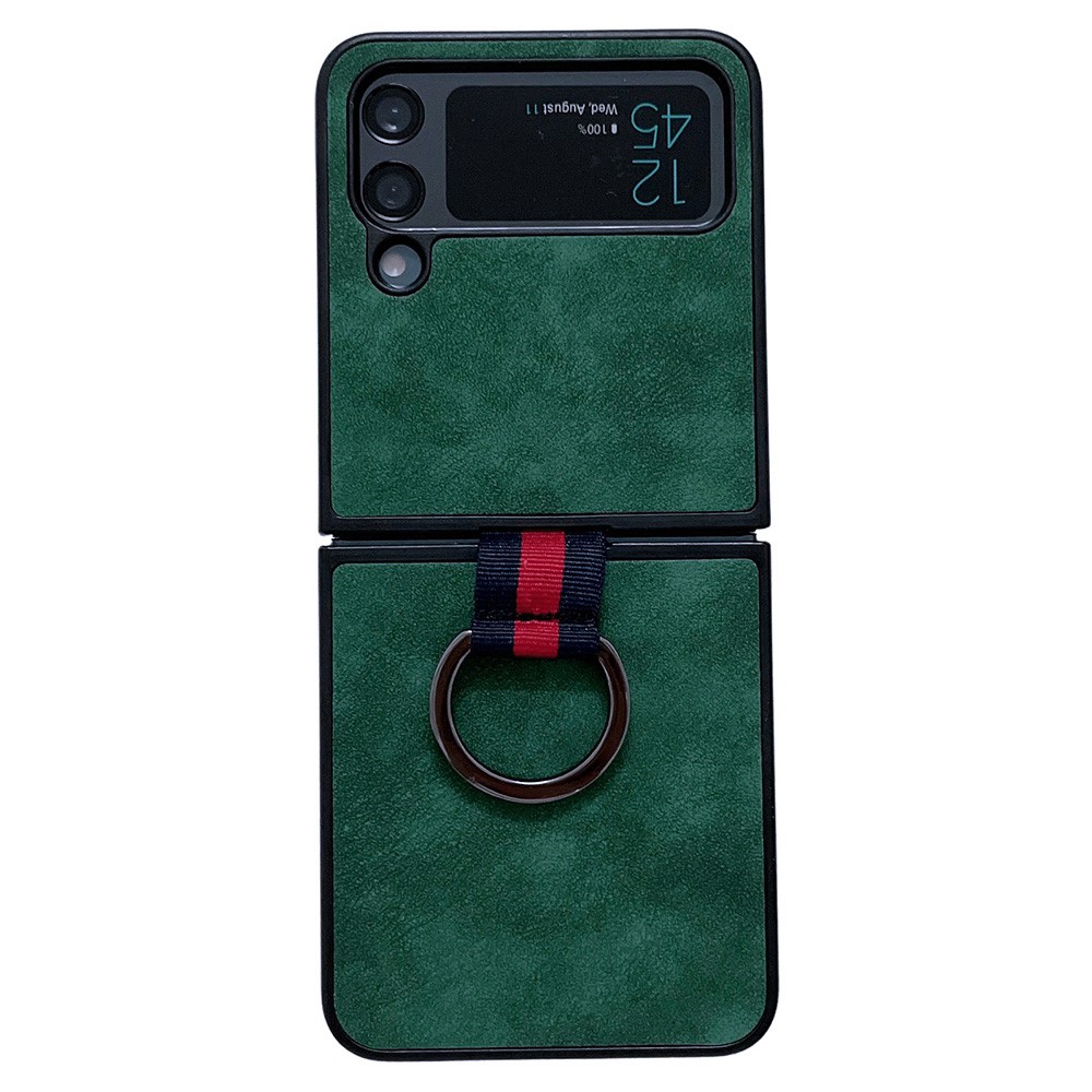 For Samsung Galaxy Z Flip4 5G Metal Finger Ring Phone Case Anti-scratch PU Leather Coated PC Back Cover - Green-1
