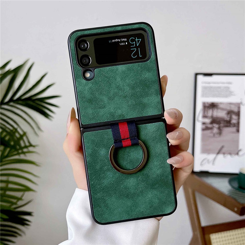 For Samsung Galaxy Z Flip4 5G Metal Finger Ring Phone Case Anti-scratch PU Leather Coated PC Back Cover - Green-2