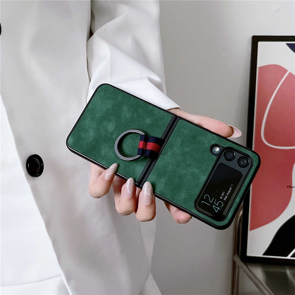 For Samsung Galaxy Z Flip4 5G Metal Finger Ring Phone Case Anti-scratch PU Leather Coated PC Back Cover - Green-3