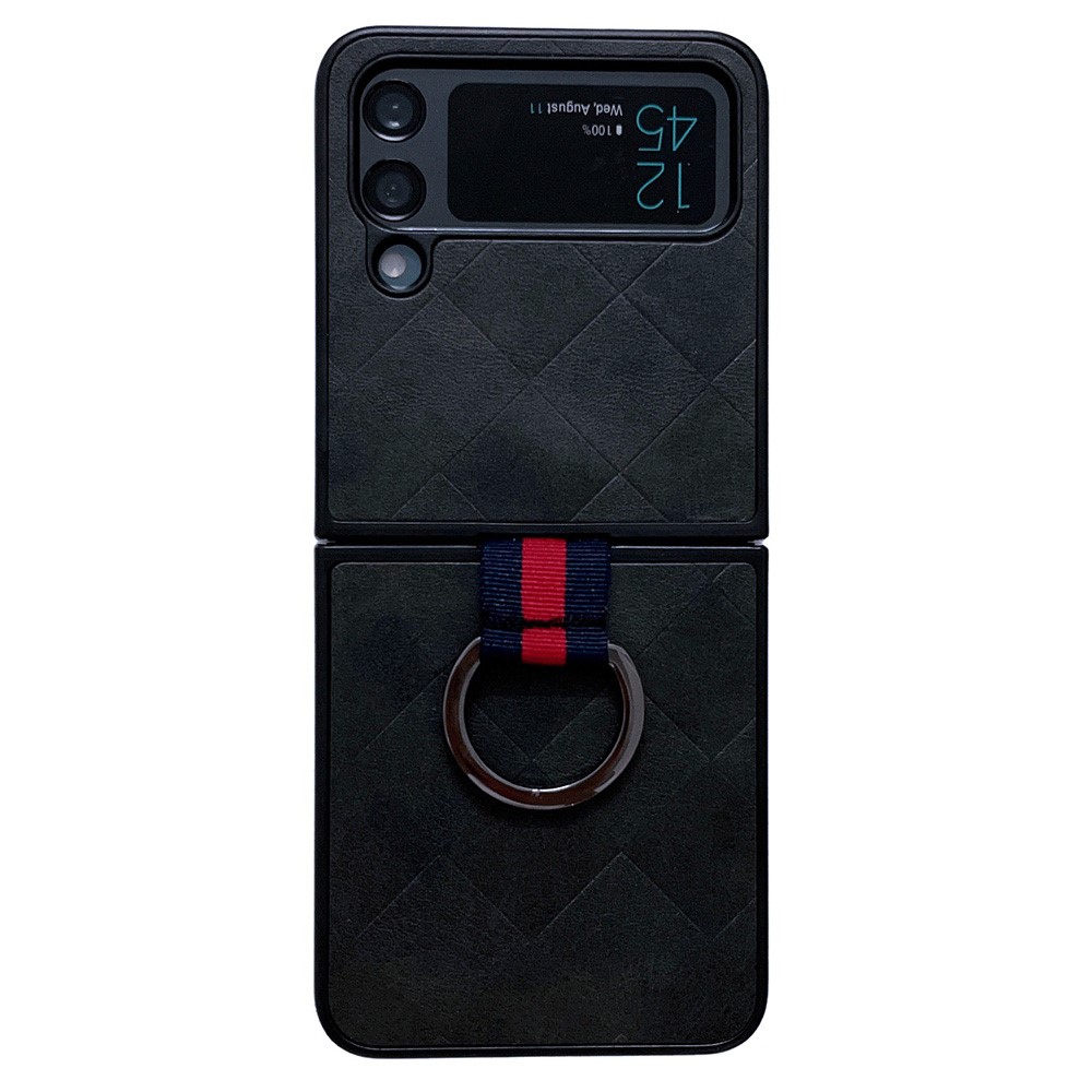 For Samsung Galaxy Z Flip4 5G PU Leather Coated PC Case Grid Texture Finger Ring Phone Protective Cover - Black-1