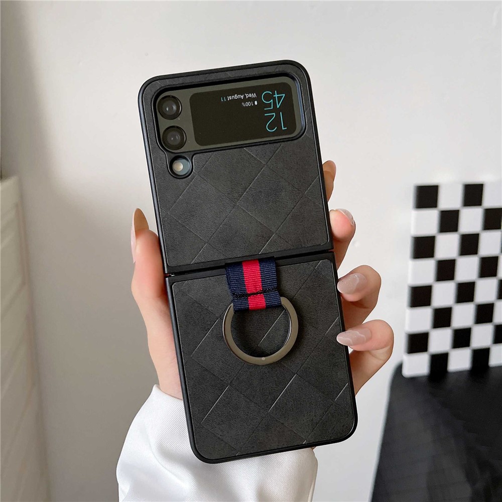 For Samsung Galaxy Z Flip4 5G PU Leather Coated PC Case Grid Texture Finger Ring Phone Protective Cover - Black-2
