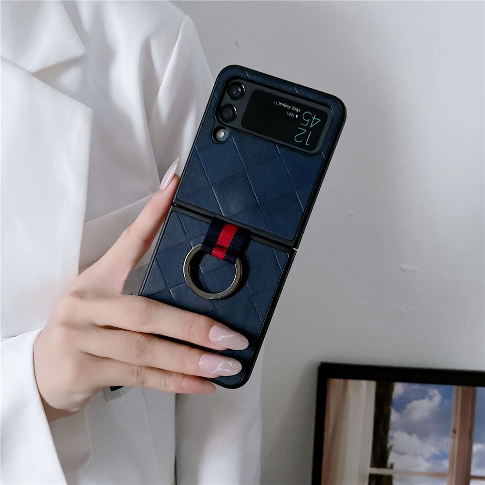For Samsung Galaxy Z Flip4 5G PU Leather Coated PC Case Grid Texture Finger Ring Phone Protective Cover - Black-4