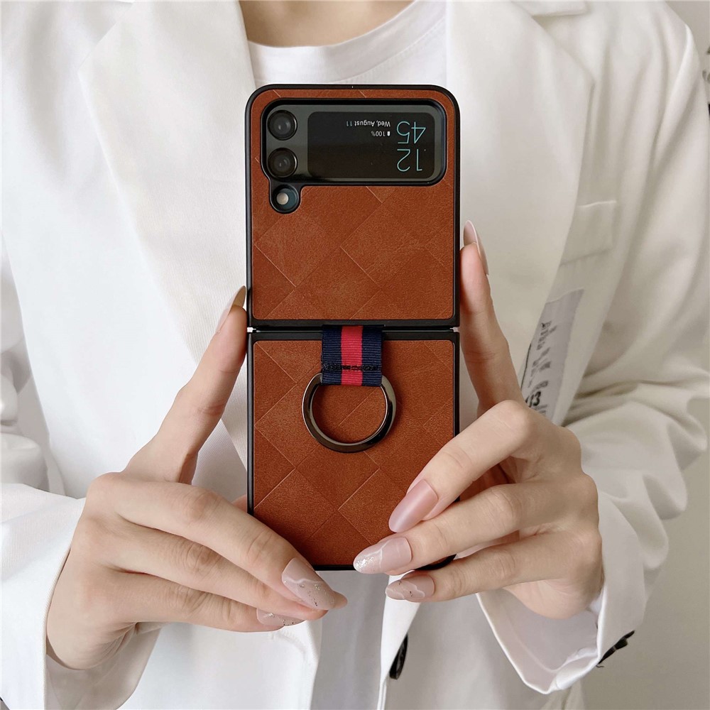 For Samsung Galaxy Z Flip4 5G PU Leather Coated PC Case Grid Texture Finger Ring Phone Protective Cover - Black-8