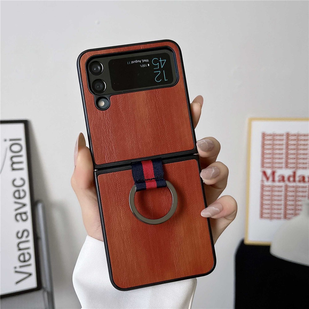 For Samsung Galaxy Z Flip4 5G Textured PU Leather Coated PC Case Drop-proof Phone Cover with Metal Finger Ring - Brown-2