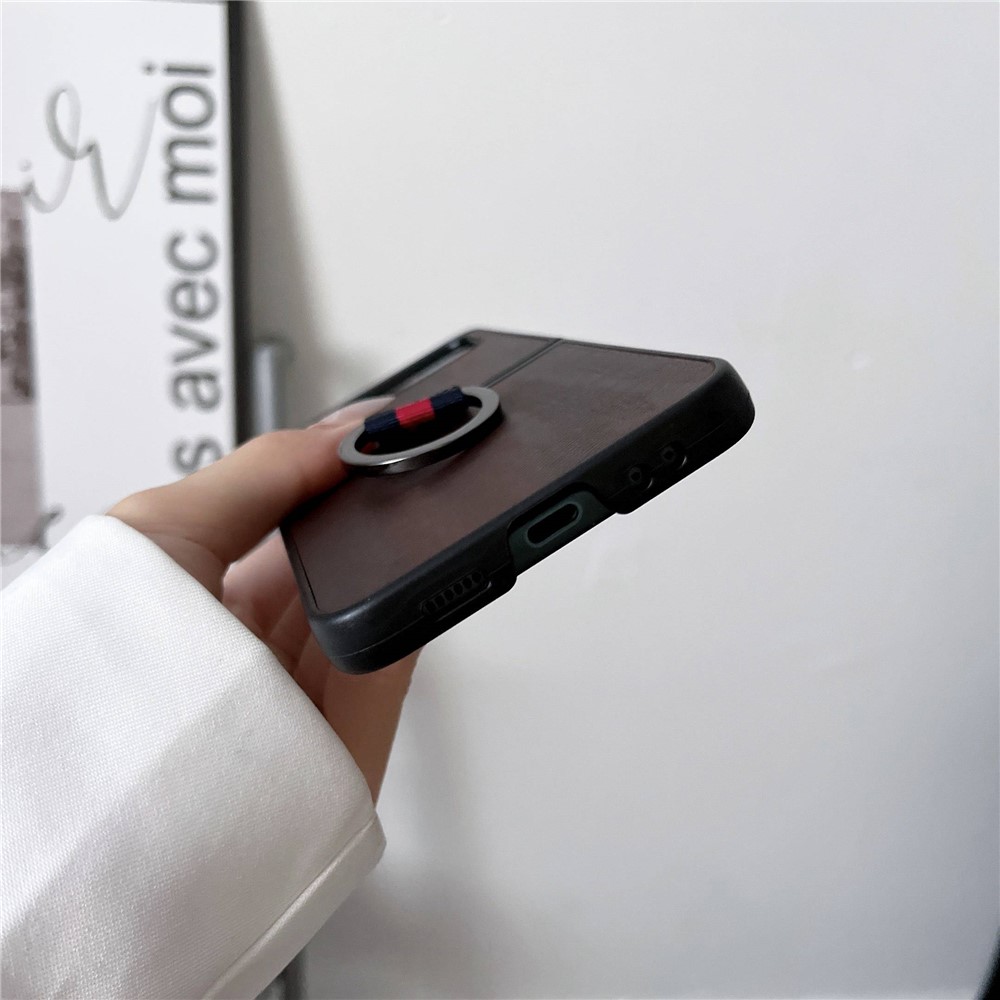 For Samsung Galaxy Z Flip4 5G Textured PU Leather Coated PC Case Drop-proof Phone Cover with Metal Finger Ring - Brown-4