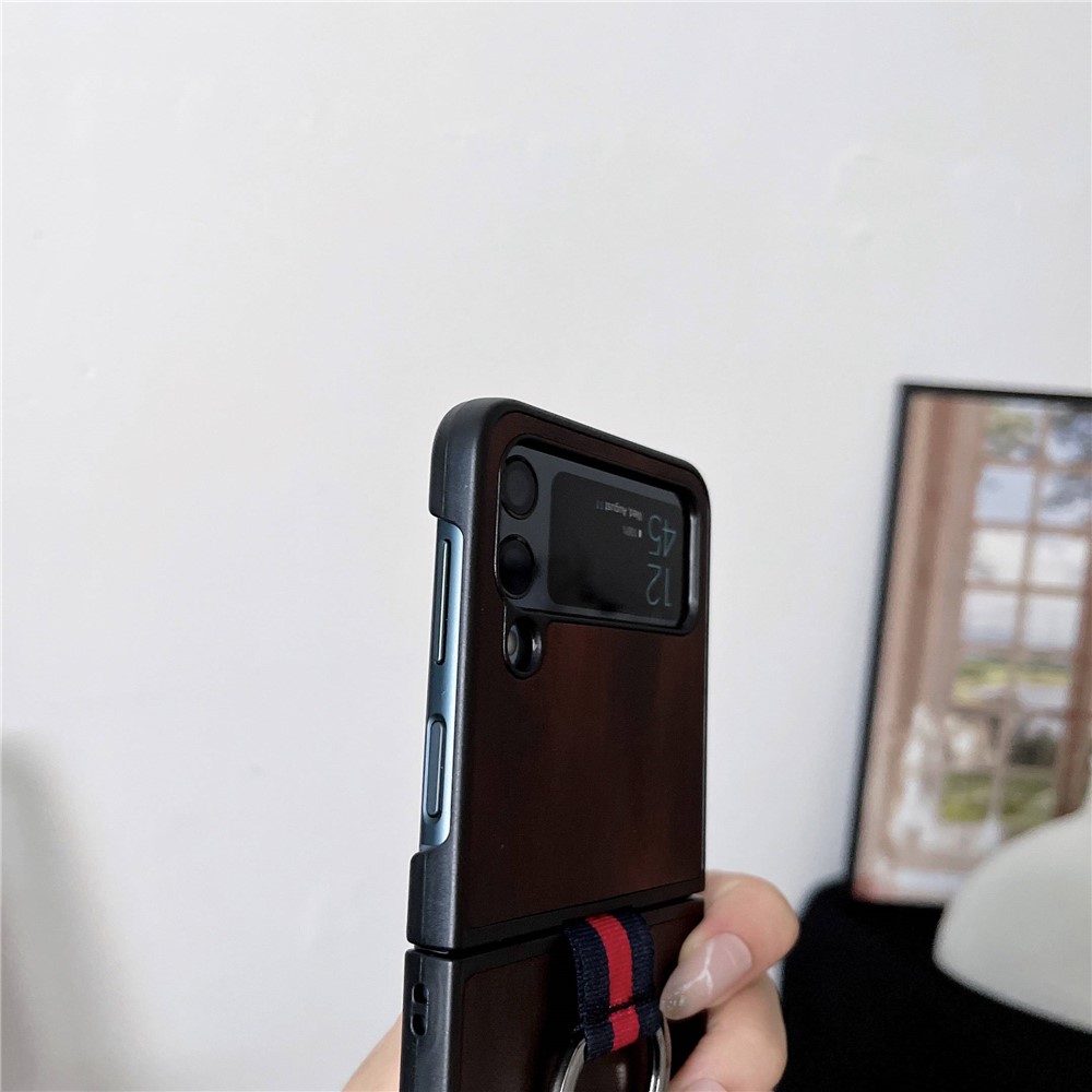 For Samsung Galaxy Z Flip4 5G Textured PU Leather Coated PC Case Drop-proof Phone Cover with Metal Finger Ring - Brown-5