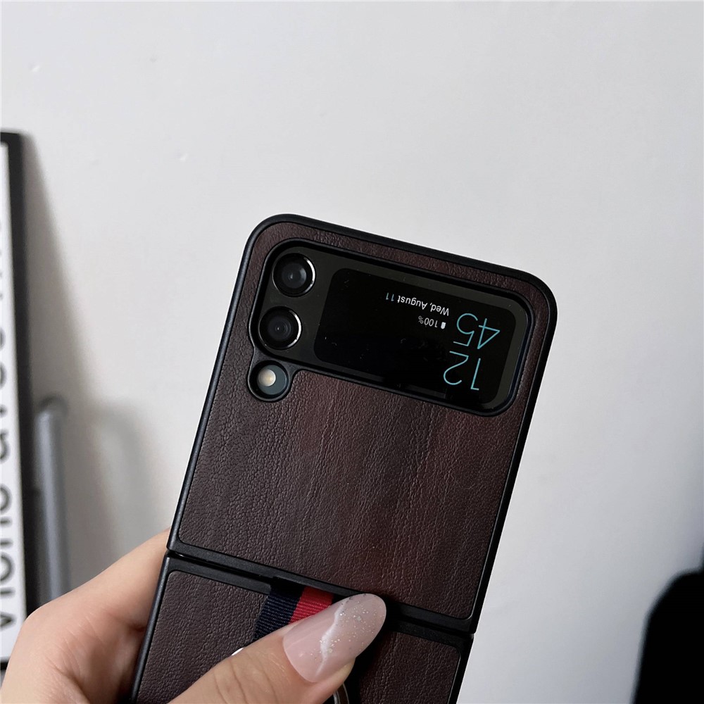For Samsung Galaxy Z Flip4 5G Textured PU Leather Coated PC Case Drop-proof Phone Cover with Metal Finger Ring - Brown-6