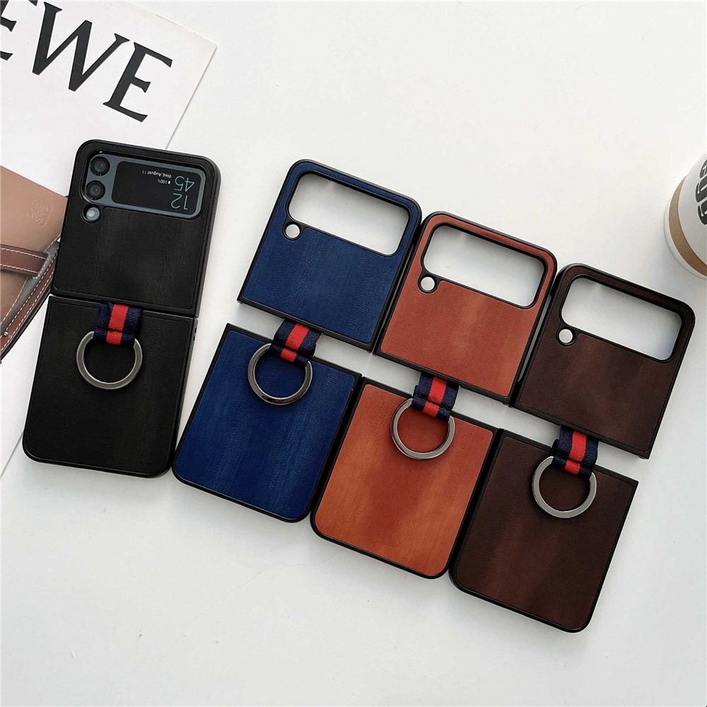 For Samsung Galaxy Z Flip4 5G Textured PU Leather Coated PC Case Drop-proof Phone Cover with Metal Finger Ring - Brown-7