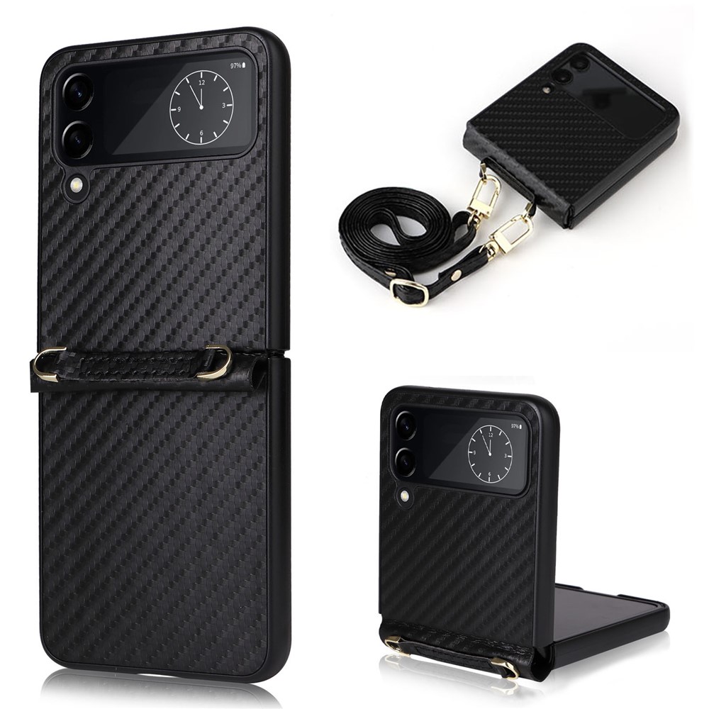 For Samsung Galaxy Z Flip4 5G Carbon Fiber Texture Leather Coated PC Folding Phone Case with Long Lanyard - Black-1