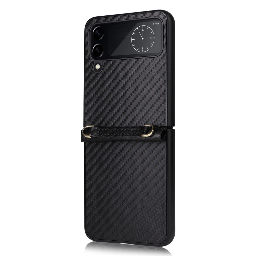 For Samsung Galaxy Z Flip4 5G Carbon Fiber Texture Leather Coated PC Folding Phone Case with Long Lanyard - Black-2