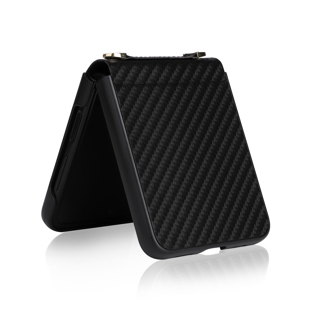 For Samsung Galaxy Z Flip4 5G Carbon Fiber Texture Leather Coated PC Folding Phone Case with Long Lanyard - Black-7