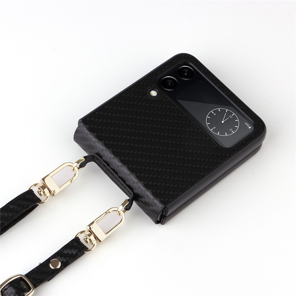 For Samsung Galaxy Z Flip4 5G Carbon Fiber Texture Leather Coated PC Folding Phone Case with Long Lanyard - Black-8