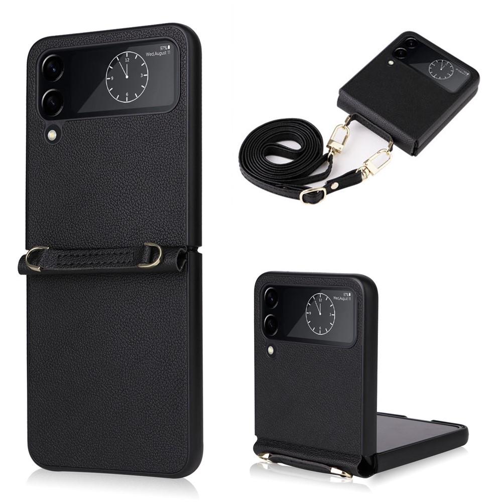 For Samsung Galaxy Z Flip4 5G Textured Leather Coated PC Cover Drop-proof Phone Case with Long Lanyard - Black-1