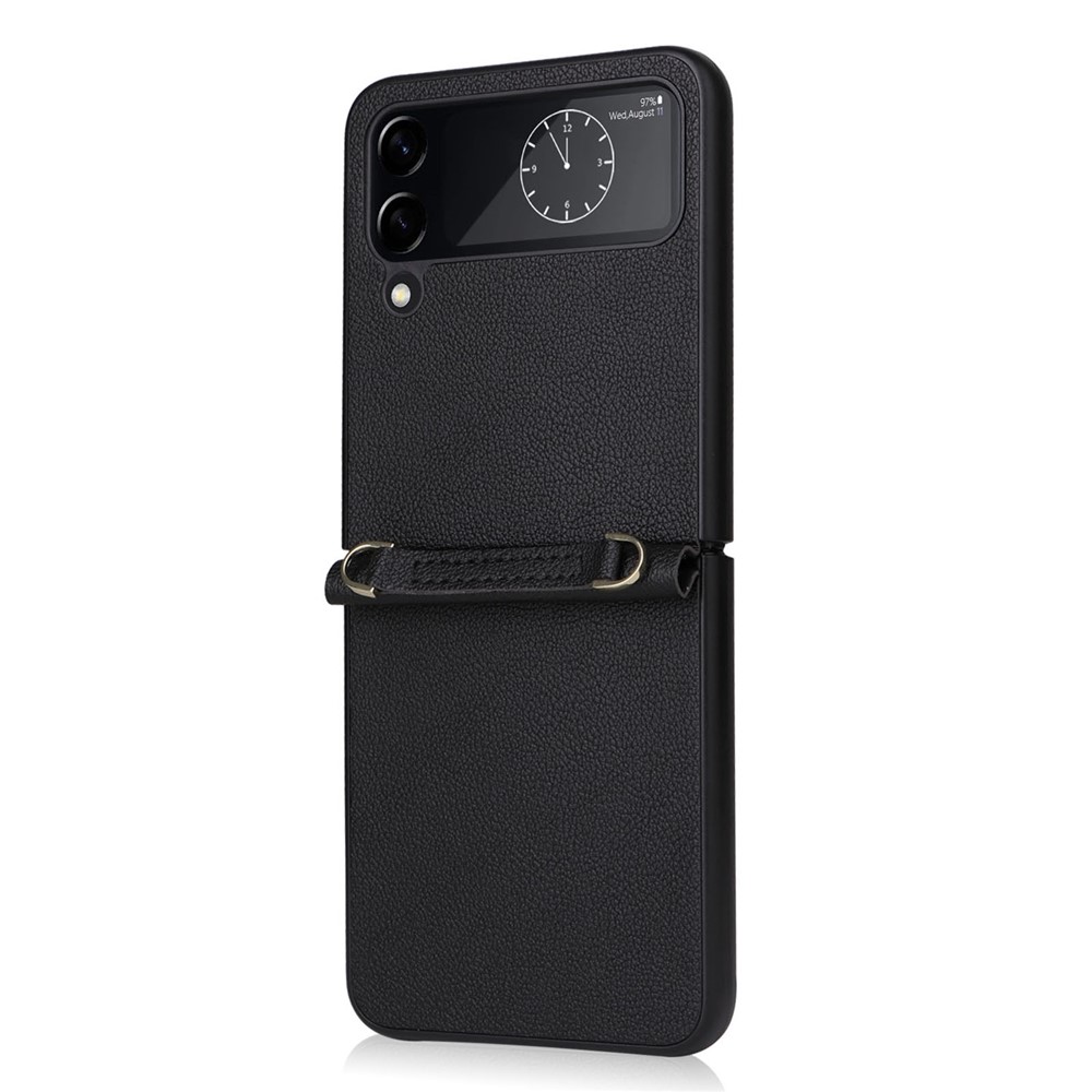 For Samsung Galaxy Z Flip4 5G Textured Leather Coated PC Cover Drop-proof Phone Case with Long Lanyard - Black-2