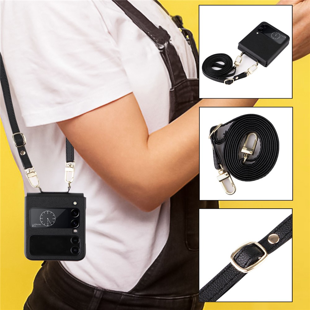 For Samsung Galaxy Z Flip4 5G Textured Leather Coated PC Cover Drop-proof Phone Case with Long Lanyard - Black-3