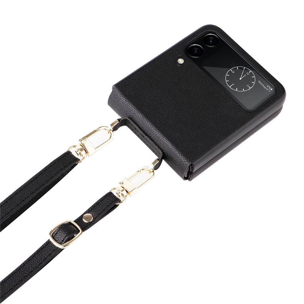 For Samsung Galaxy Z Flip4 5G Textured Leather Coated PC Cover Drop-proof Phone Case with Long Lanyard - Black-8