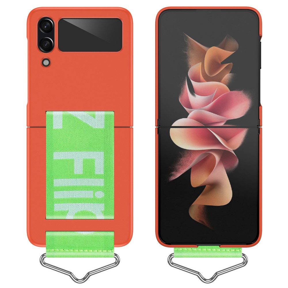 For Samsung Galaxy Z Flip4 5G Hard PC Folding Phone Case with Hand Strap and Triangle Metal Ring - Orange-1