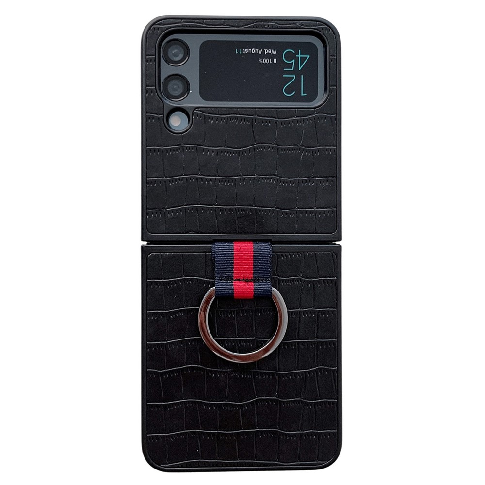 For Samsung Galaxy Z Flip4 5G Crocodile Texture Phone Case Leather Coated PC Folding Cover with Metal Finger Ring - Black-1