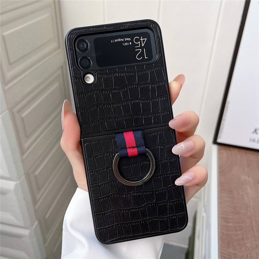For Samsung Galaxy Z Flip4 5G Crocodile Texture Phone Case Leather Coated PC Folding Cover with Metal Finger Ring - Black-2