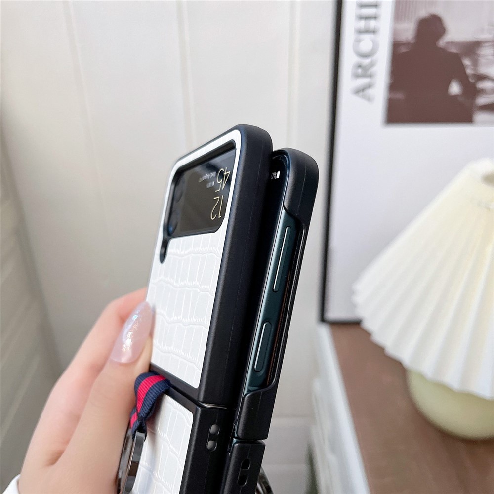For Samsung Galaxy Z Flip4 5G Crocodile Texture Phone Case Leather Coated PC Folding Cover with Metal Finger Ring - Black-5