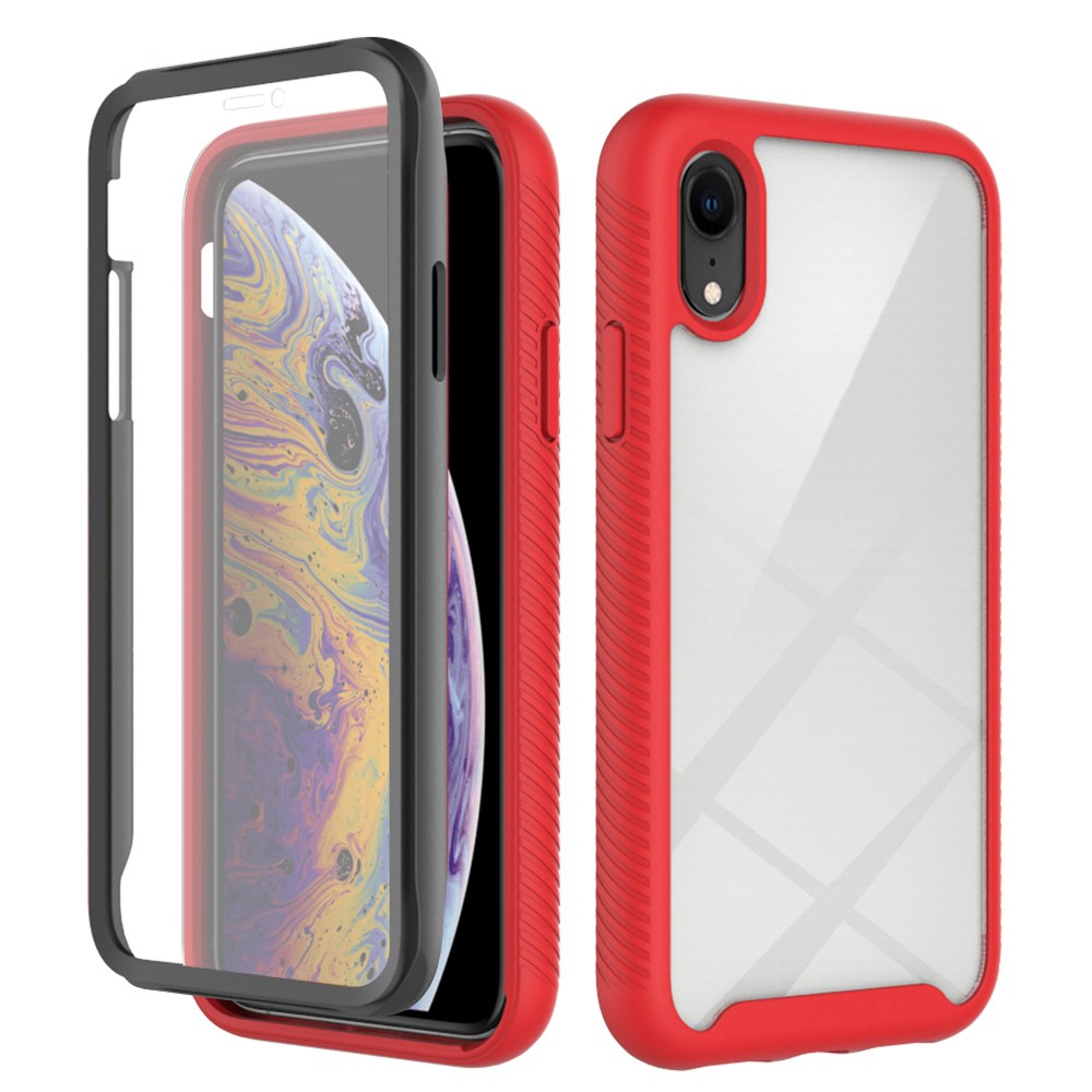 For iPhone XR 6.1 inch 3-in-1 Anti-scratch Phone Case Hard PC + Soft TPU Drop-proof Mobile Phone Hybrid Cover with PET Screen Protector - Red / Black