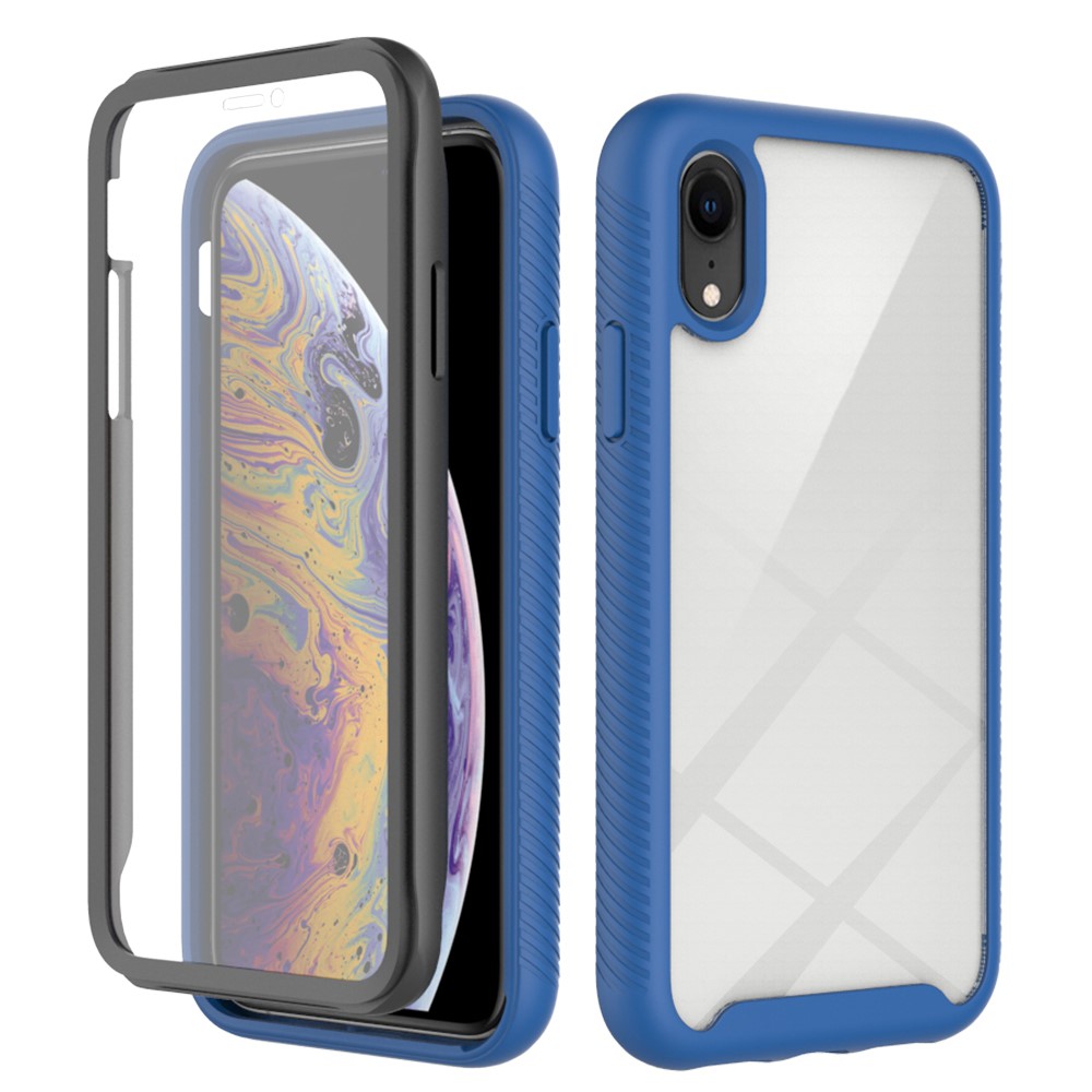 For iPhone XR 6.1 inch 3-in-1 Anti-scratch Phone Case Hard PC + Soft TPU Drop-proof Mobile Phone Hybrid Cover with PET Screen Protector - Dark Blue / Black