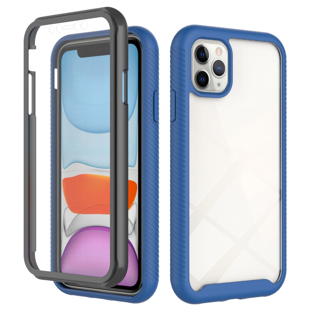 For iPhone 11 Pro Max 6.5 inch 3-in-1 Shockproof Phone Case PC Back + TPU Frame + PET Screen Protector Hybrid Cover - Dark Blue / Black