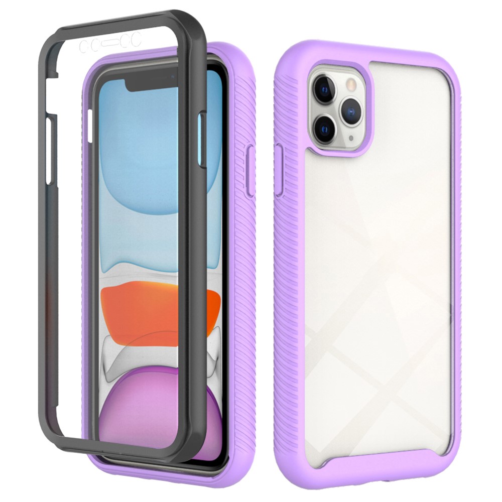 For iPhone 11 Pro Max 6.5 inch 3-in-1 Shockproof Phone Case PC Back + TPU Frame + PET Screen Protector Hybrid Cover - Purple / Black