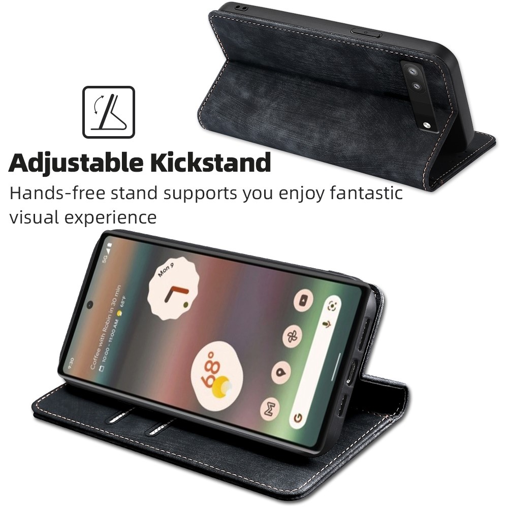 For Google Pixel 6a Full Protection Phone Case Anti-drop PU Leather Flip Wallet Stand RFID Blocking Magnetic Phone Cover - Black-3