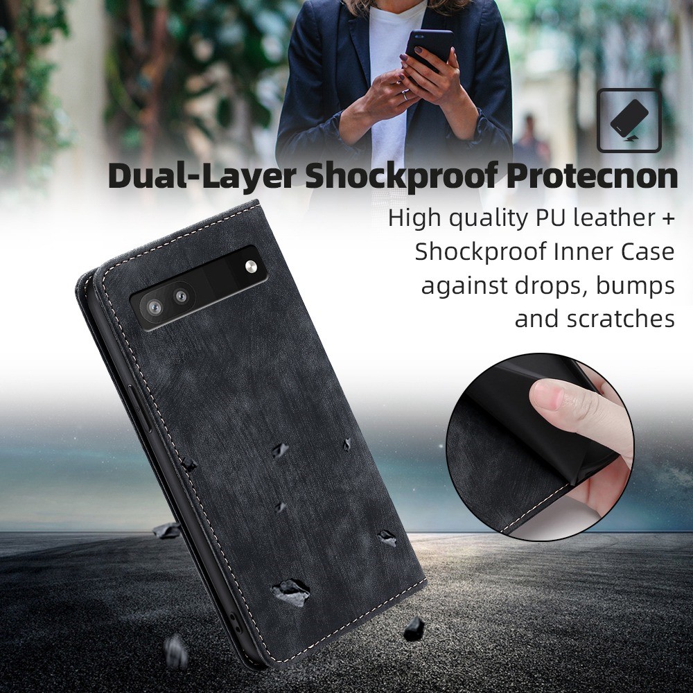 For Google Pixel 6a Full Protection Phone Case Anti-drop PU Leather Flip Wallet Stand RFID Blocking Magnetic Phone Cover - Black-6