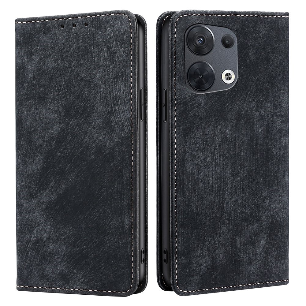 Phone Wallet Case For Oppo Reno8 5G (Global Version), Anti-drop PU Leather Magnetic Flip Cover Stand RFID Blocking Full Protection Phone Shell - Black-1