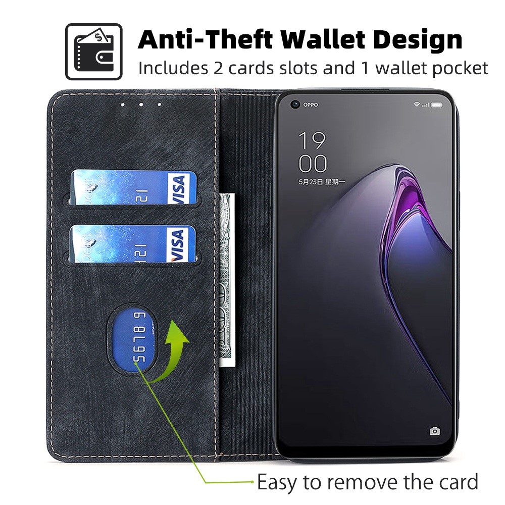 Phone Wallet Case For Oppo Reno8 5G (Global Version), Anti-drop PU Leather Magnetic Flip Cover Stand RFID Blocking Full Protection Phone Shell - Black-2