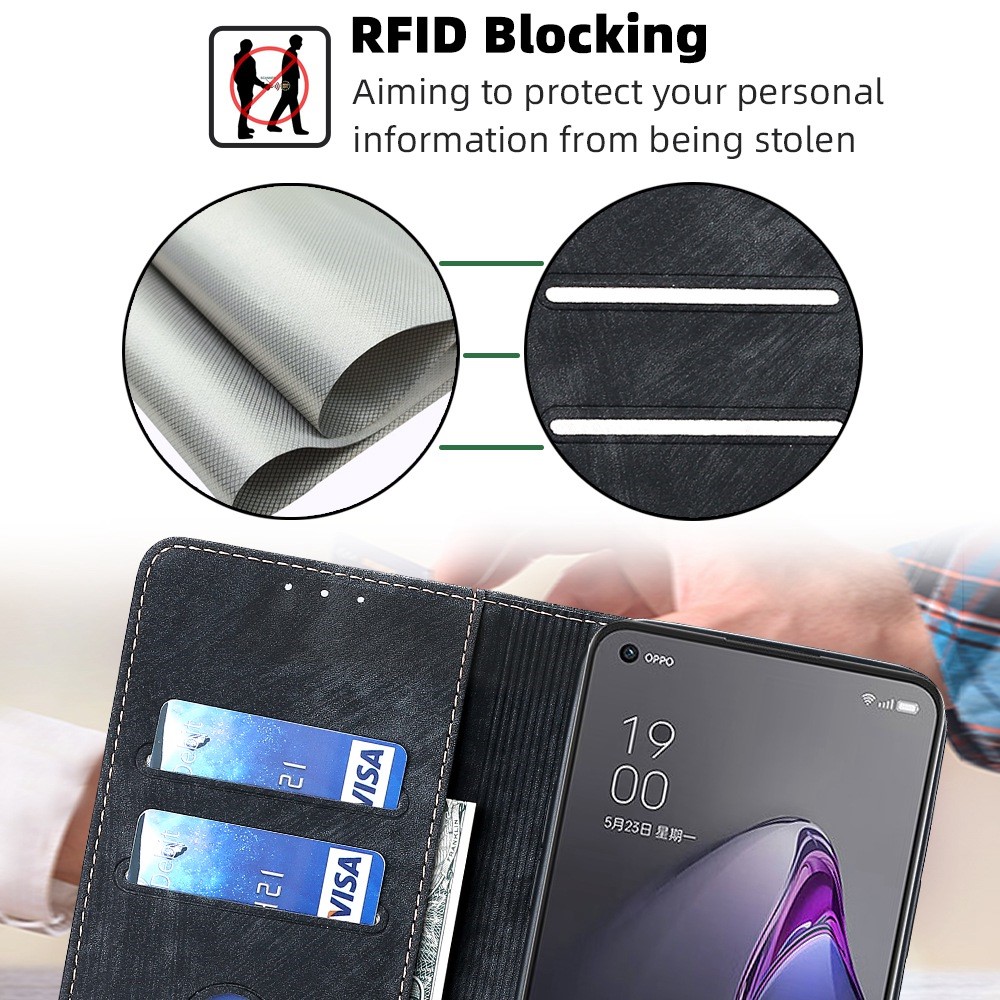 Phone Wallet Case For Oppo Reno8 5G (Global Version), Anti-drop PU Leather Magnetic Flip Cover Stand RFID Blocking Full Protection Phone Shell - Black-5