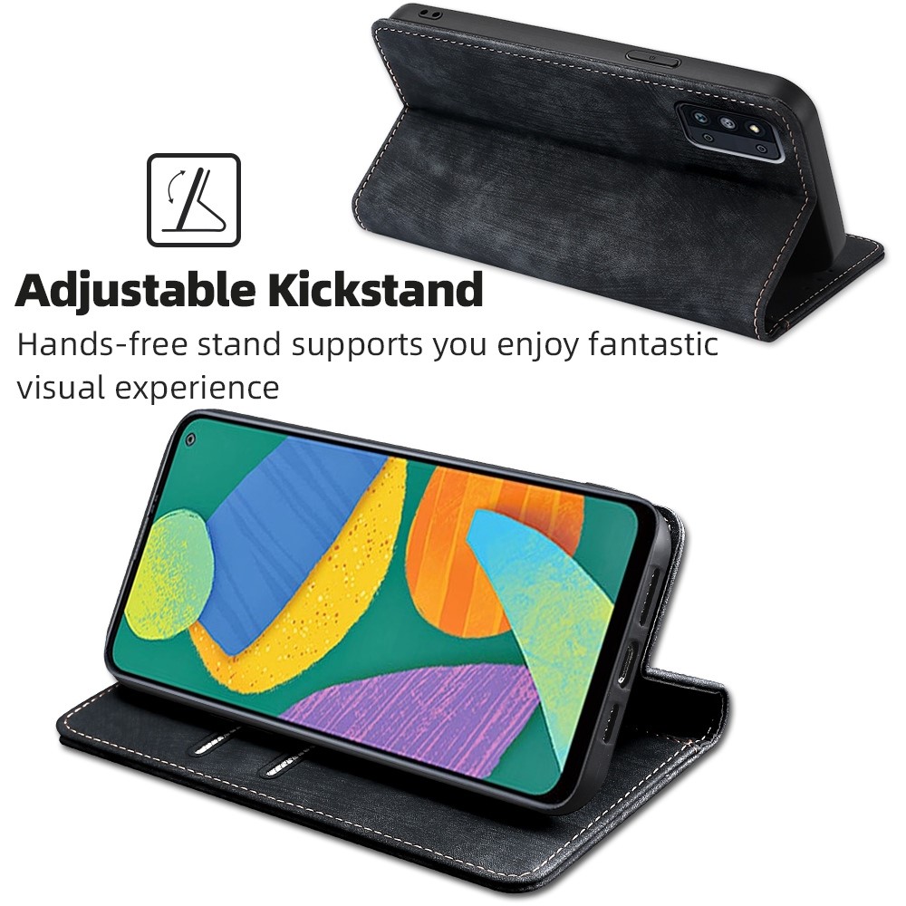 Anti-scratch Phone Wallet Case For Samsung Galaxy F52 5G, Full Protection PU Leather Flip Cover Stand RFID Blocking Magnetic Phone Shell - Black-3