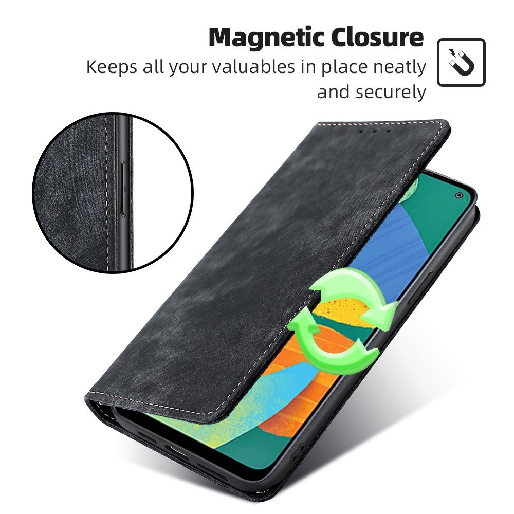 Anti-scratch Phone Wallet Case For Samsung Galaxy F52 5G, Full Protection PU Leather Flip Cover Stand RFID Blocking Magnetic Phone Shell - Black-4